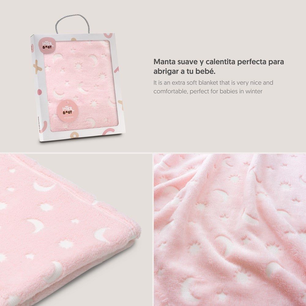 MANTA GRABADA LUNA ESTRELLAS ROSA