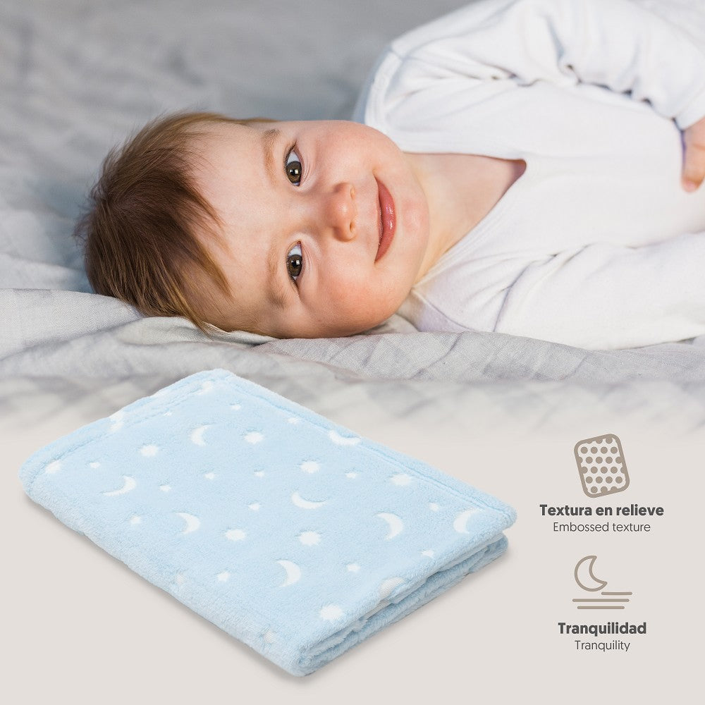 MANTA GRABADA LUNA ESTRELLAS AZUL