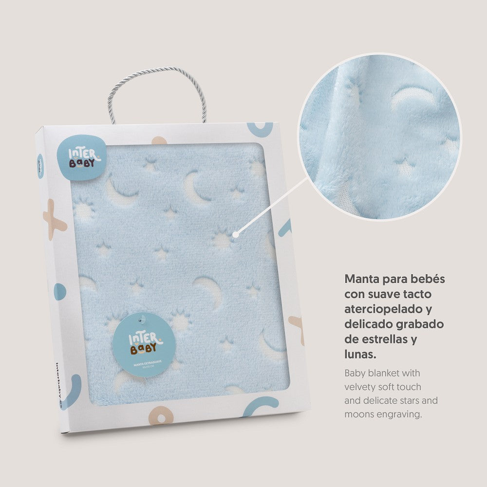 MANTA GRABADA LUNA ESTRELLAS AZUL