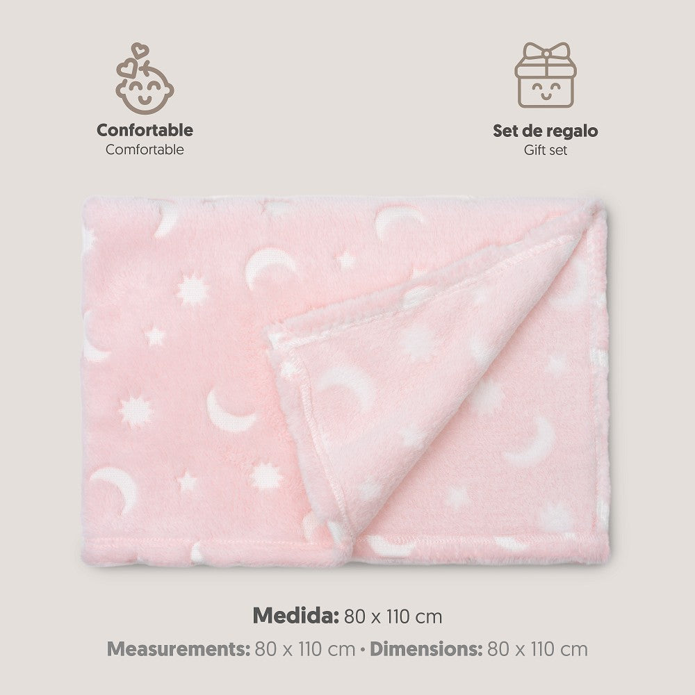 MANTA GRABADA LUNA ESTRELLAS ROSA