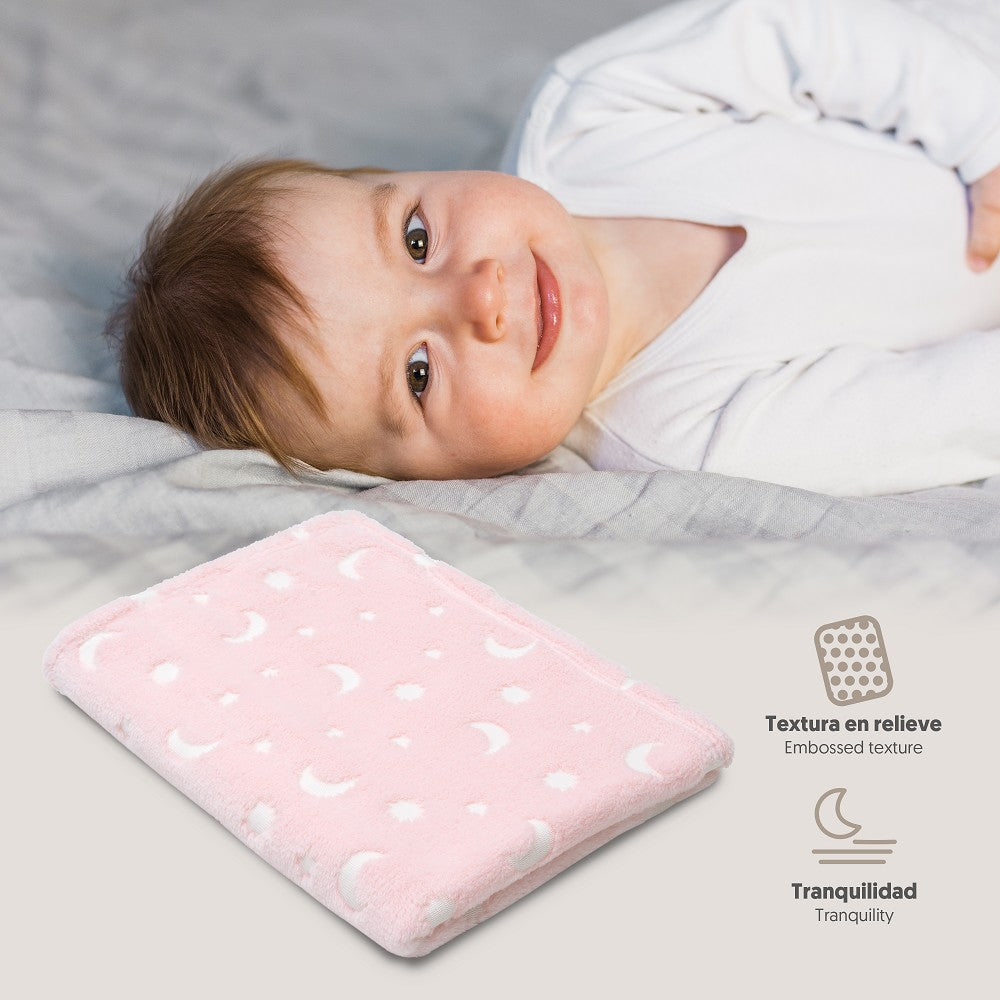 MANTA GRABADA LUNA ESTRELLAS ROSA