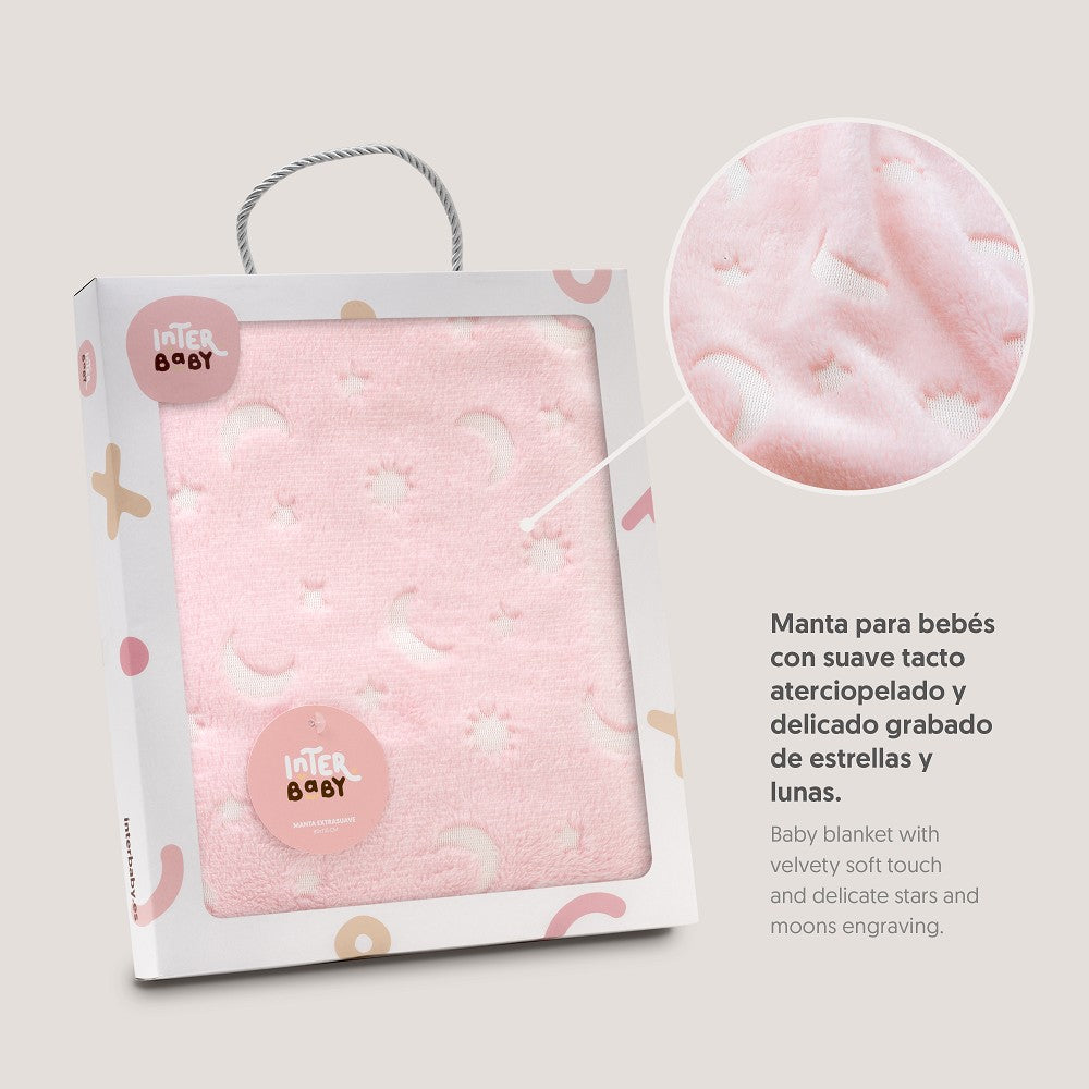 MANTA GRABADA LUNA ESTRELLAS ROSA