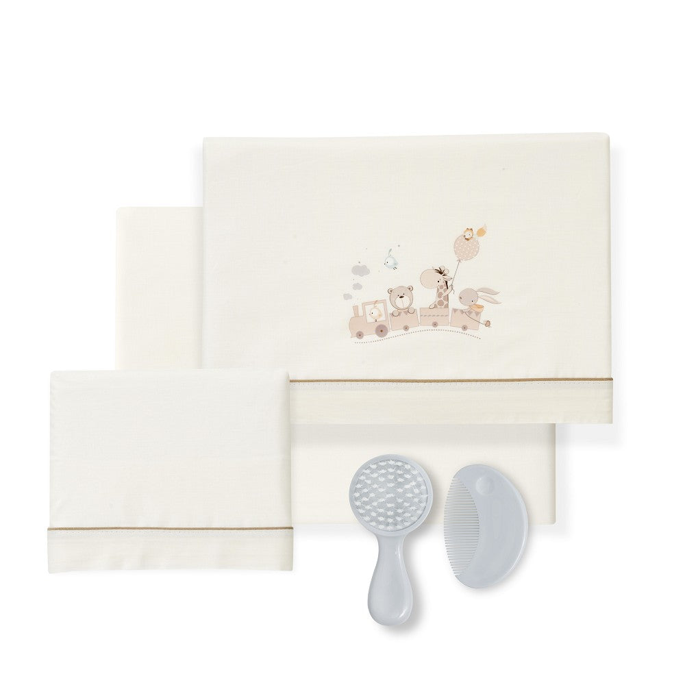 TRIPTICO CUNA 100% ALGODON MOD. JIRAFA TREN+KIT PEINE Y CEPILLO BEIG