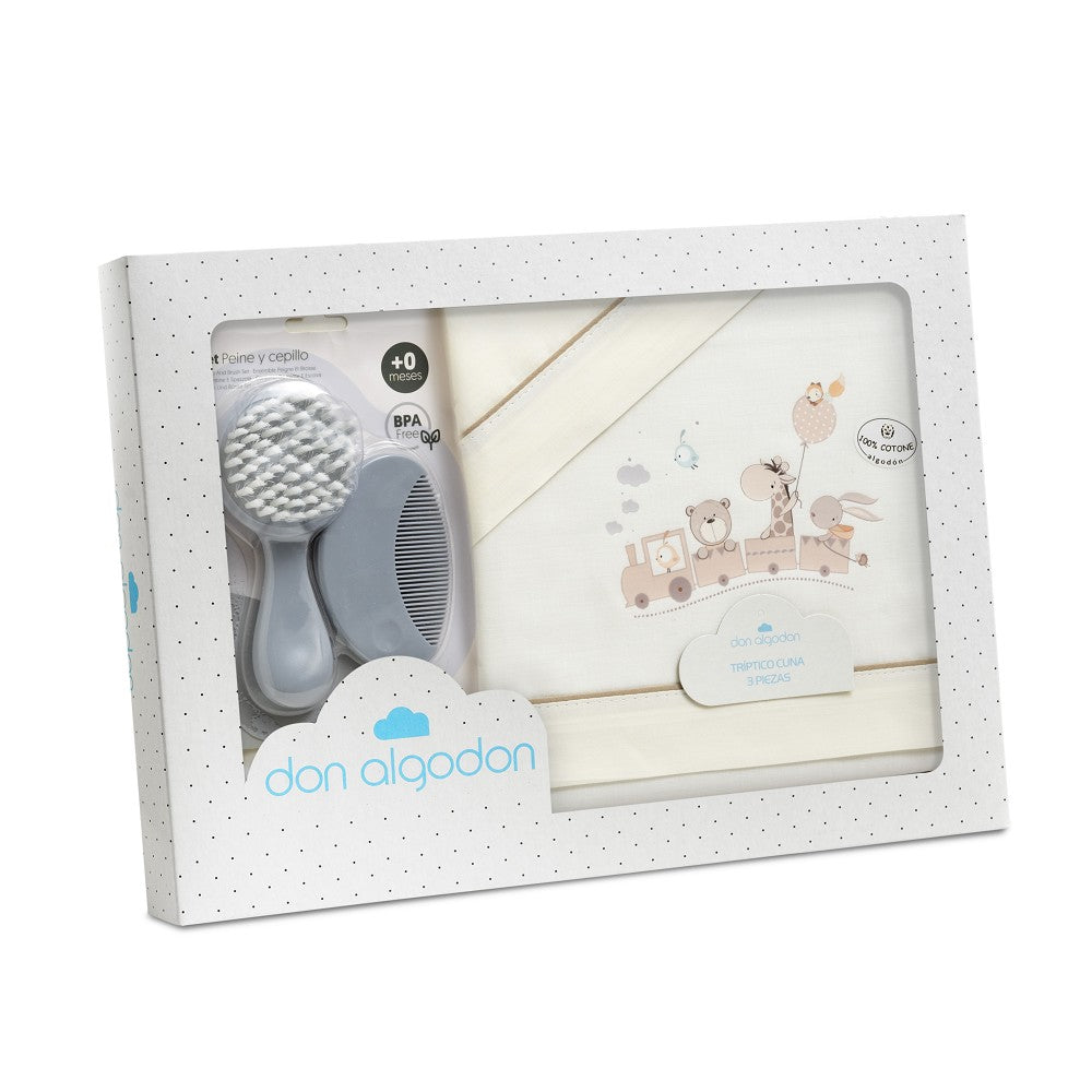 TRIPTICO CUNA 100% ALGODON MOD. JIRAFA TREN+KIT PEINE Y CEPILLO BEIG