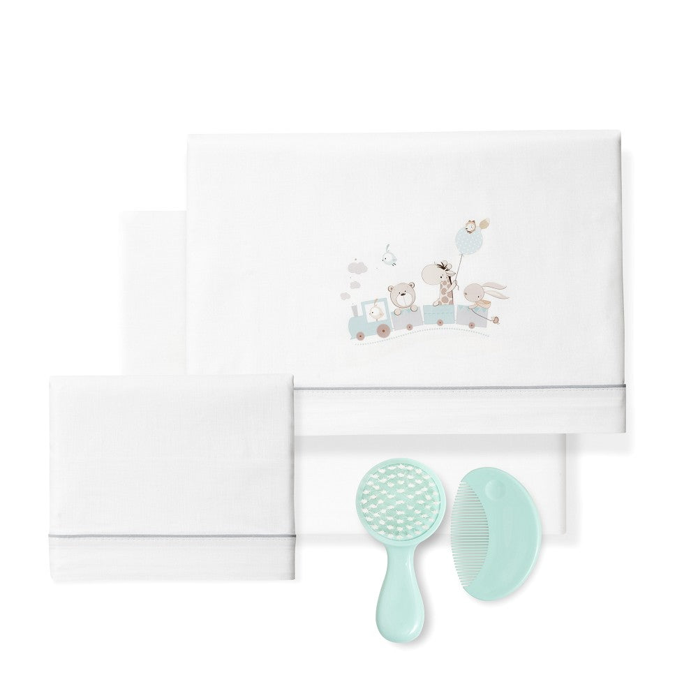 TRIPTICO CUNA 100% ALGODON MOD. JIRAFA TREN+KIT PEINE Y CEPILLO BCO/VERDE