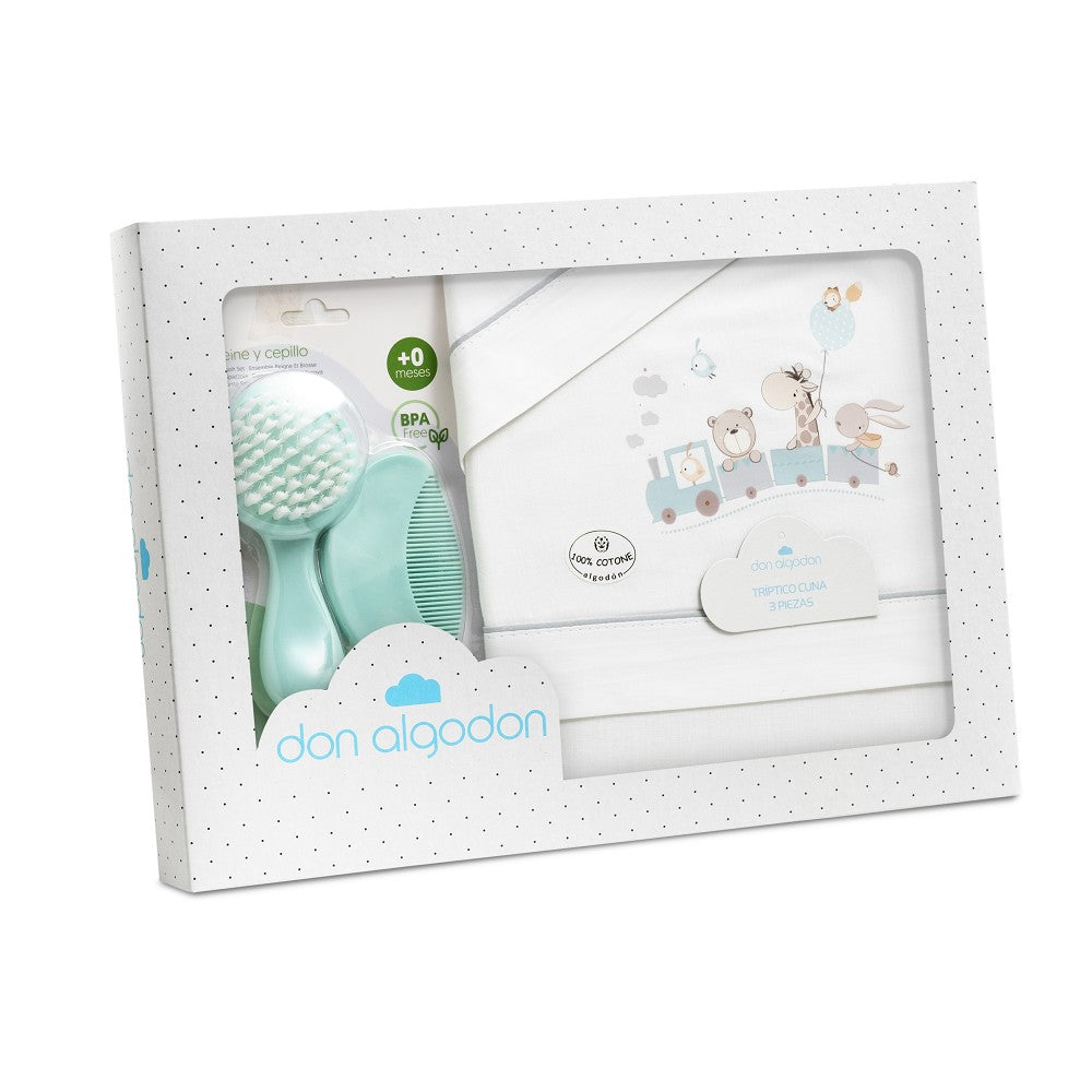 TRIPTICO CUNA 100% ALGODON MOD. JIRAFA TREN+KIT PEINE Y CEPILLO BCO/VERDE