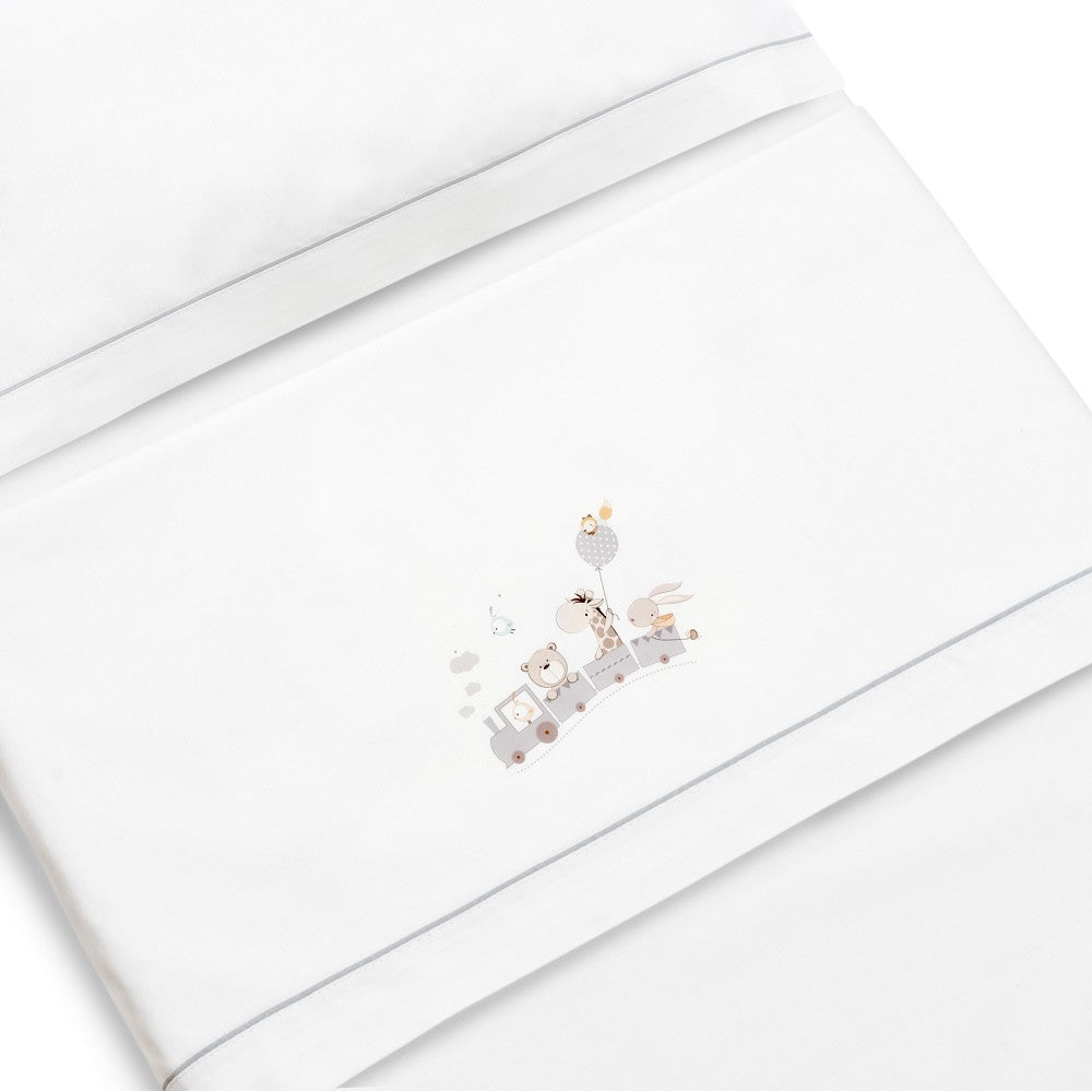 TRIPTICO CUNA 100% ALGODON MOD. JIRAFA TREN+KIT PEINE Y CEPILLO BCO/GRIS