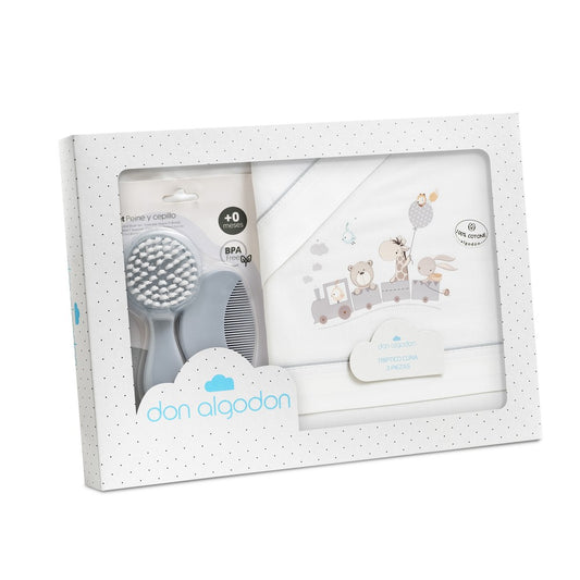 TRIPTICO CUNA 100% ALGODON MOD. JIRAFA TREN+KIT PEINE Y CEPILLO BCO/GRIS
